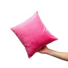 Fototapeta premium Hand holding on pink pillow isolated on transparent background.