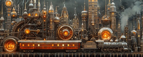 Steampunk clockwork city gears and cogs skyline