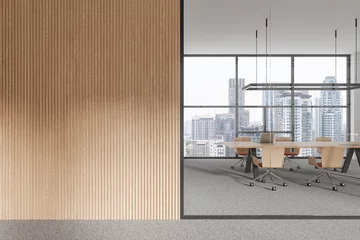 Selbstklebende Fototapeten Modern office room interior with board and chairs, panoramic window. Empty wall © ImageFlow