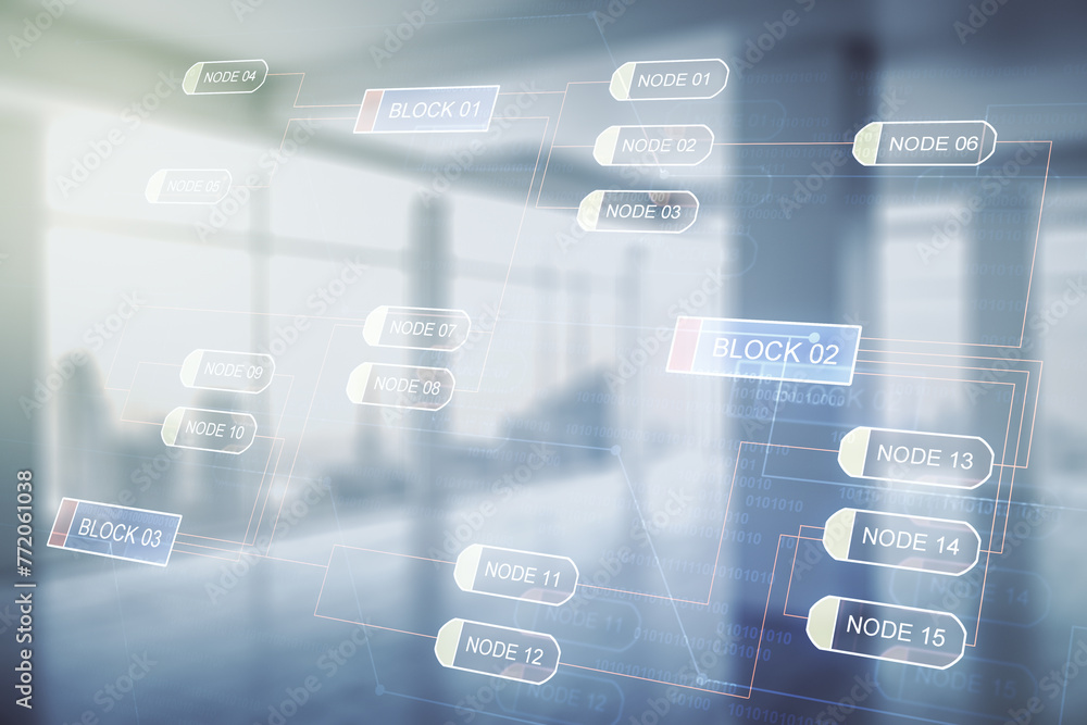 Poster multi exposure of abstract creative coding sketch on empty corporate office background, artificial i