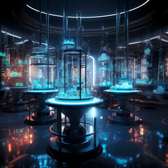 Sci-fi laboratory with glowing test tubes.  - obrazy, fototapety, plakaty