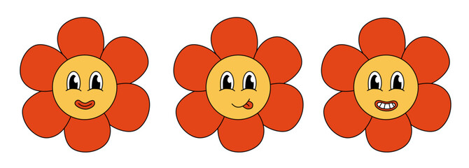 Retro 70s 60s 80s Hippie Groovy cute Red Flowers Set. Smiling face. Collection Flower power elements. Vector illustration isolated on a white background.