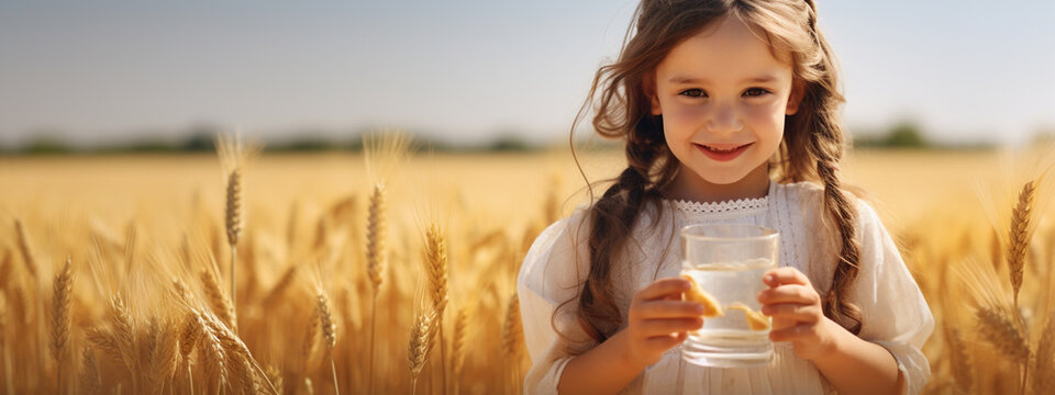girl with a glass of milk on the background of a field of wheat