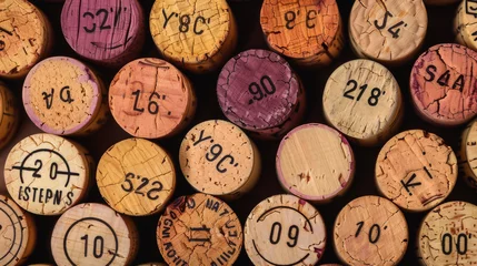 Fotobehang A variety of wine corks with different engravings and stamps is displayed closely packed together. © Alena