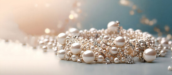 Vintage Jewelry on  purple Focus shot of pearls in pearl oysters and water drop on cozy blurred background