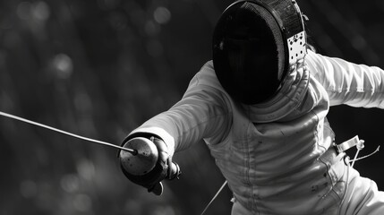 Monochrome Fencing Athlete in Attack Stance - obrazy, fototapety, plakaty