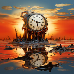 Surreal melting clock in a distorted dreamlike landscape
