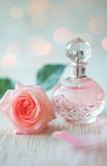 Elegant Perfume Bottle Placed Next to a Blooming Pink Rose on a Soft Blurred Background