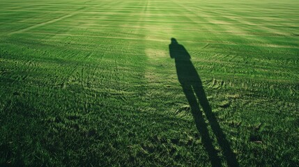 Long Shadow on Vibrant Green Field - obrazy, fototapety, plakaty