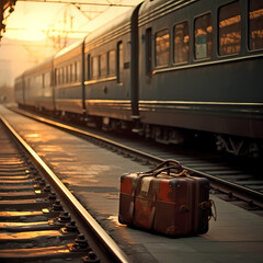 Vintage suitcase on a train platform. - obrazy, fototapety, plakaty
