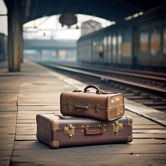 Vintage suitcase on a train platform.