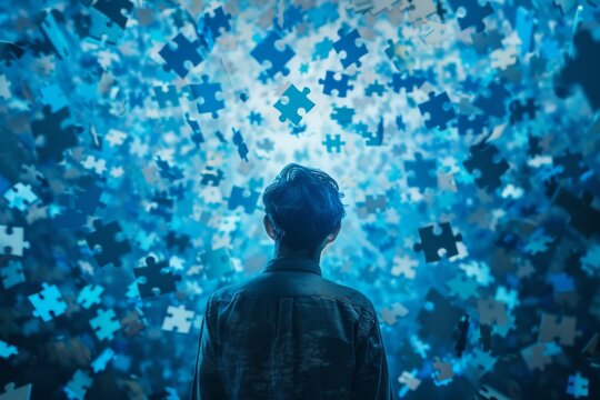 Person Amidst a Storm of Puzzle Pieces

