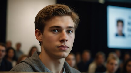 Fototapeta premium Portrait of of young caucasian university professor guy on stage paper presentation international studies education conference event from Generative AI