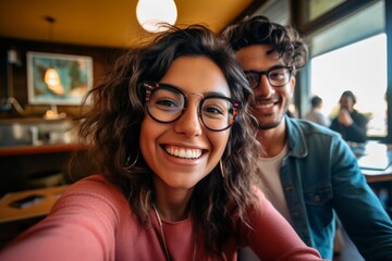 Smiling woman taking selfie at restaurant. She in great mood takes selfie with big smile standing and having fun taking light cheerful selfie on blurred background. Generative AI. - obrazy, fototapety, plakaty