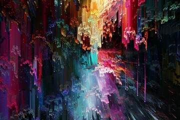 : A cascading waterfall of multicolored pixels, flowing and shimmering, transforming from a canvas...