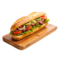 Hoagie on wooden cutting board isolated on transparent background.
