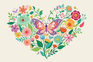 Floral heart butterfly on white background.