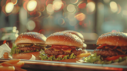 A tray holds several burgers and garnishes, styled with a bokeh panorama