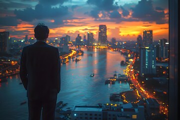 Man Standing in Front of Window Overlooking City