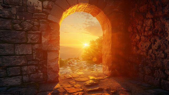 A stone castle's entrance at sunrise, rendered physically, featuring anamorphic art and a prairie aesthetic.