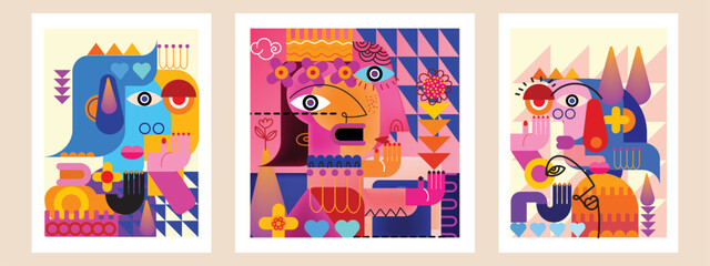 Fototapeta premium Face portrait abstraction geometric, shapes and doodle hand drawn vector wall art illustration. Creative graphic design minimalist silhouette cubism people.