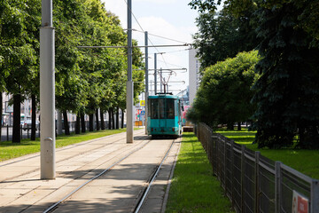 Urban modern tram. Public transport. Business idea.