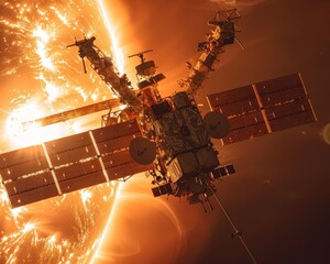 Satellite constellation analyzing the impact of solar flares on Earths climate - obrazy, fototapety, plakaty