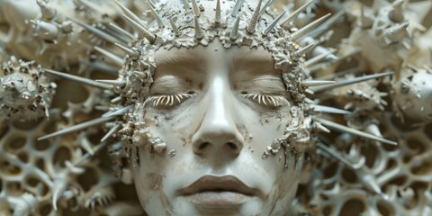 A human head adorned with spikes, colored in silver and beige hues, featuring symmetry, repetition, and a close-up perspective. - obrazy, fototapety, plakaty