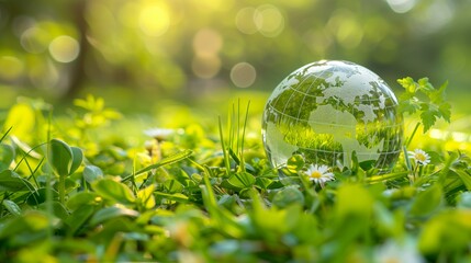 glass transparent planet Earth globe placed in fresh green grass, leaves and flowers and bokeh in the background, Earth Day - obrazy, fototapety, plakaty