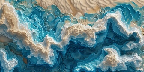 An ocean texture is visualized, styled with abstract organic shapes, surreal 3d landscapes, and vibrant illustrations in blue and beige. - obrazy, fototapety, plakaty
