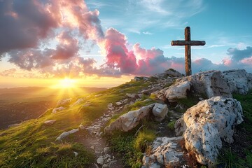 Cross Atop Hill With Sunset Background - obrazy, fototapety, plakaty