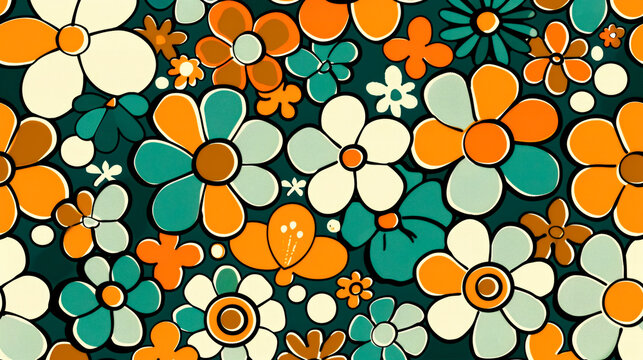 Vibrant groovy retro floral pattern with colorful blooms. 70ies style wallpaper.