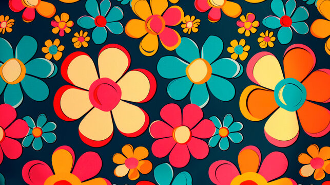 Vibrant groovy retro floral pattern with colorful blooms. 70ies style wallpaper.