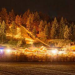 Christmas or x-mas market at night at Neukirchen, Bavarian Forest, Hunderdorf, Straubing-Bogen,...