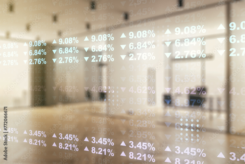 Poster abstract virtual stats data hologram on a modern furnished office background. multiexposure