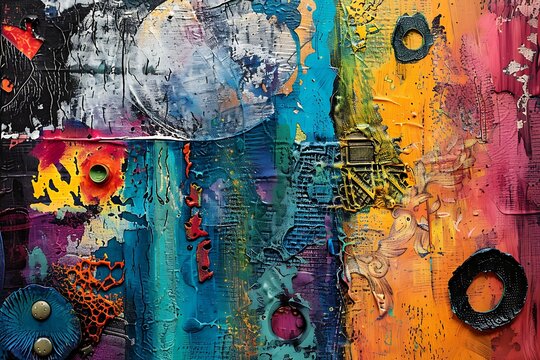 : A colorful abstract art piece with a variety of textures and shapes