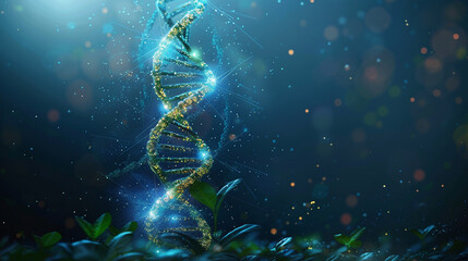 3D illustration of DNA of plant growing, GMO, biotechnology, science, background, deep blue and green color palette - obrazy, fototapety, plakaty