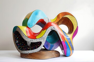 : A colorful abstract sculpture with a mix of organic and geometric shapes