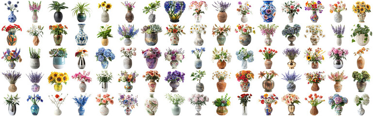 Fototapeta premium Many flower and plant in vase set of different flower and docoration style of red rose, gebera, sunflower, aloe vera, lavender, orchid and many more flowers, isolated on transparent background AIG44