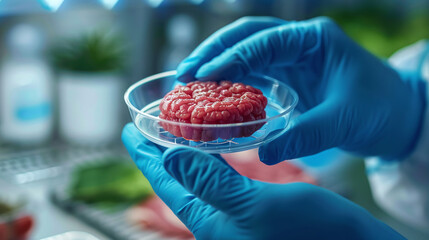 close-up of scientist engineer holding a sample of vegan meat, GMO, genetically modified food, vegetable meat, printed meat - obrazy, fototapety, plakaty