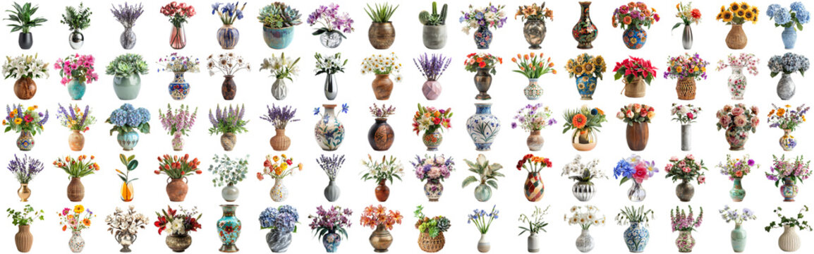 Fototapeta Many flower and plant in vase set of different flower and docoration style of red rose, gebera, sunflower, aloe vera, lavender, orchid and many more flowers, isolated on transparent background AIG44