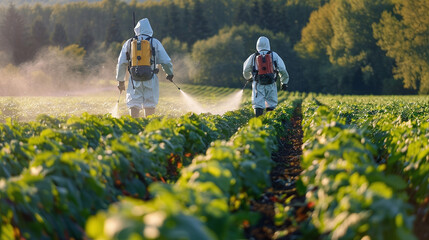 fumigators spraying agrochemicals in the field, GMO, toxic - obrazy, fototapety, plakaty