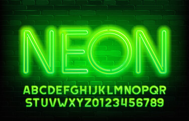 Neon alphabet font. Green neon color letters and numbers. Stock vector typescript for your design.