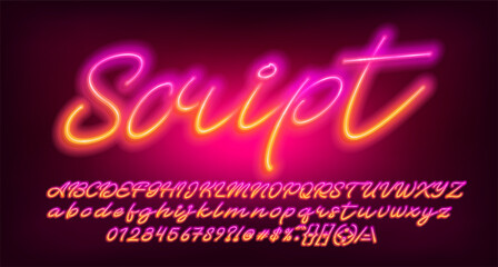 Neon Script alphabet font. Colorful neon light letters, numbers and symbols. Stock vector typescript for your design. - obrazy, fototapety, plakaty