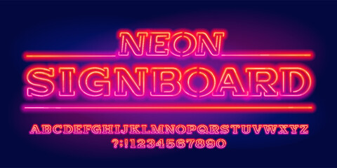 Neon Signboard alphabet font. Neon color letters and numbers. Stock vector typeface for your design.