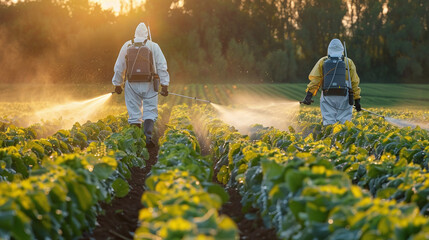 fumigators spraying agrochemicals in the field, GMO, toxic - obrazy, fototapety, plakaty