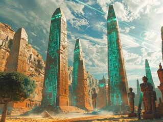 5G network nodes as obelisks in an ancient world - obrazy, fototapety, plakaty