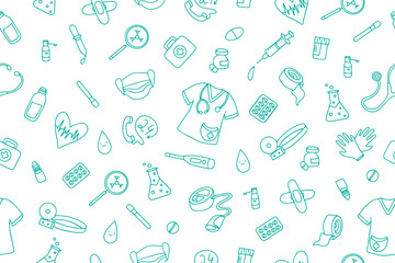 Seamless pattern with medicines and diagnostic and treatment items. Vector hand drawn illustration in doodle style. Vector illustration. 