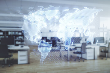 Abstract creative digital world map on a modern furnished classroom background, globalization...