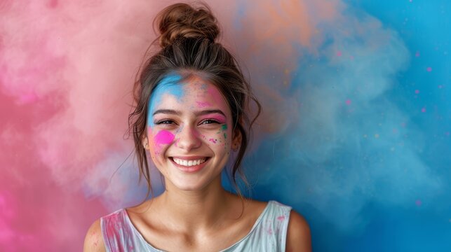   A girl with a painted face in pink and blue, and her hair in a bun, yet untidy at the top with a topknot